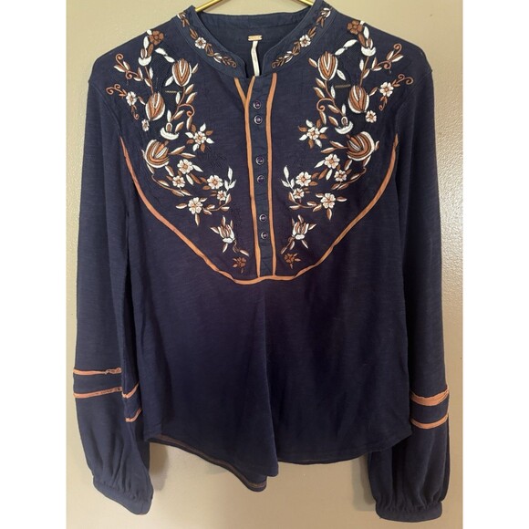 free people embroidered Henley Top Size XS Western Snap Button - Picture 1 of 8